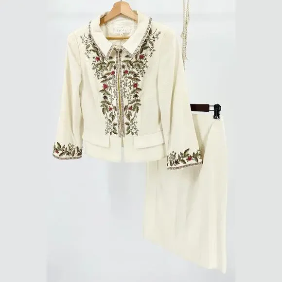Vintage 90s Escada Ivory Elegant Cream Beaded Linen Cotton Skirt Suit - Picture 1 of 10